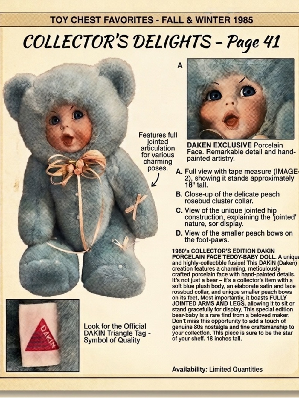 Rare 1980s Vintage DAKIN Porcelain Teddy Baby Doll Blue, Jointed arms & legs